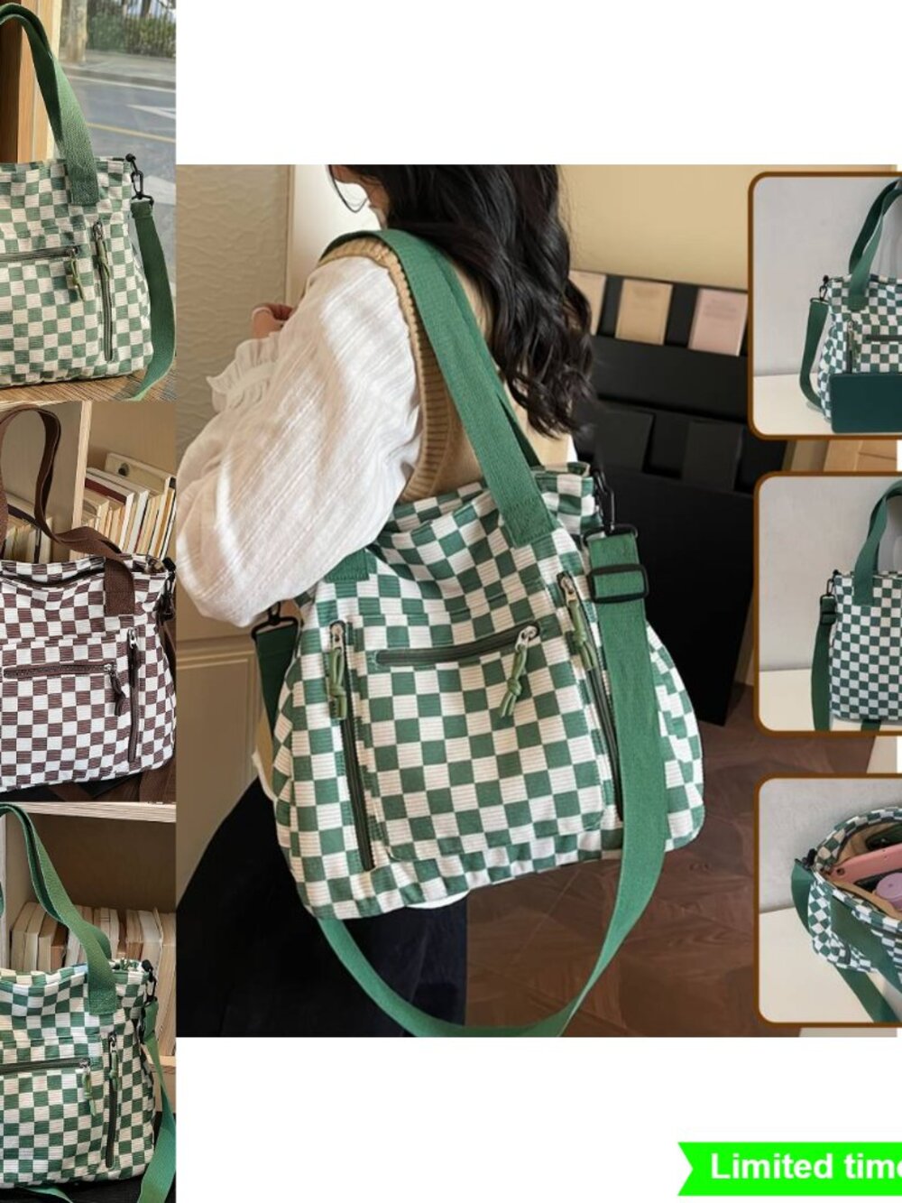 Checkerboard Corduroy Tote Bag Versatile Large Capacity Shoulder Crossbody - Picture 1 of 9